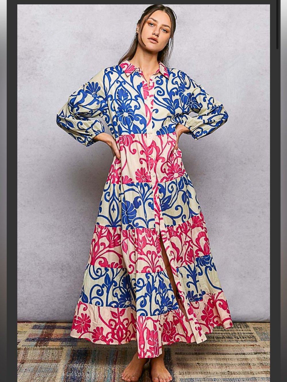 POL Maxi Button-Front Floral Tiered Dress in Blue & Pink